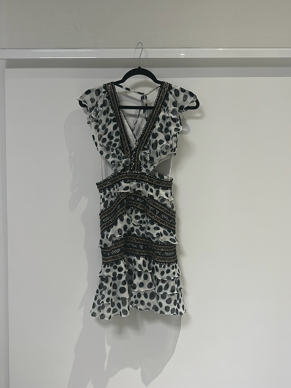 PatBO Black & White Polka Dot Embroidered Ruffle Mini Dress